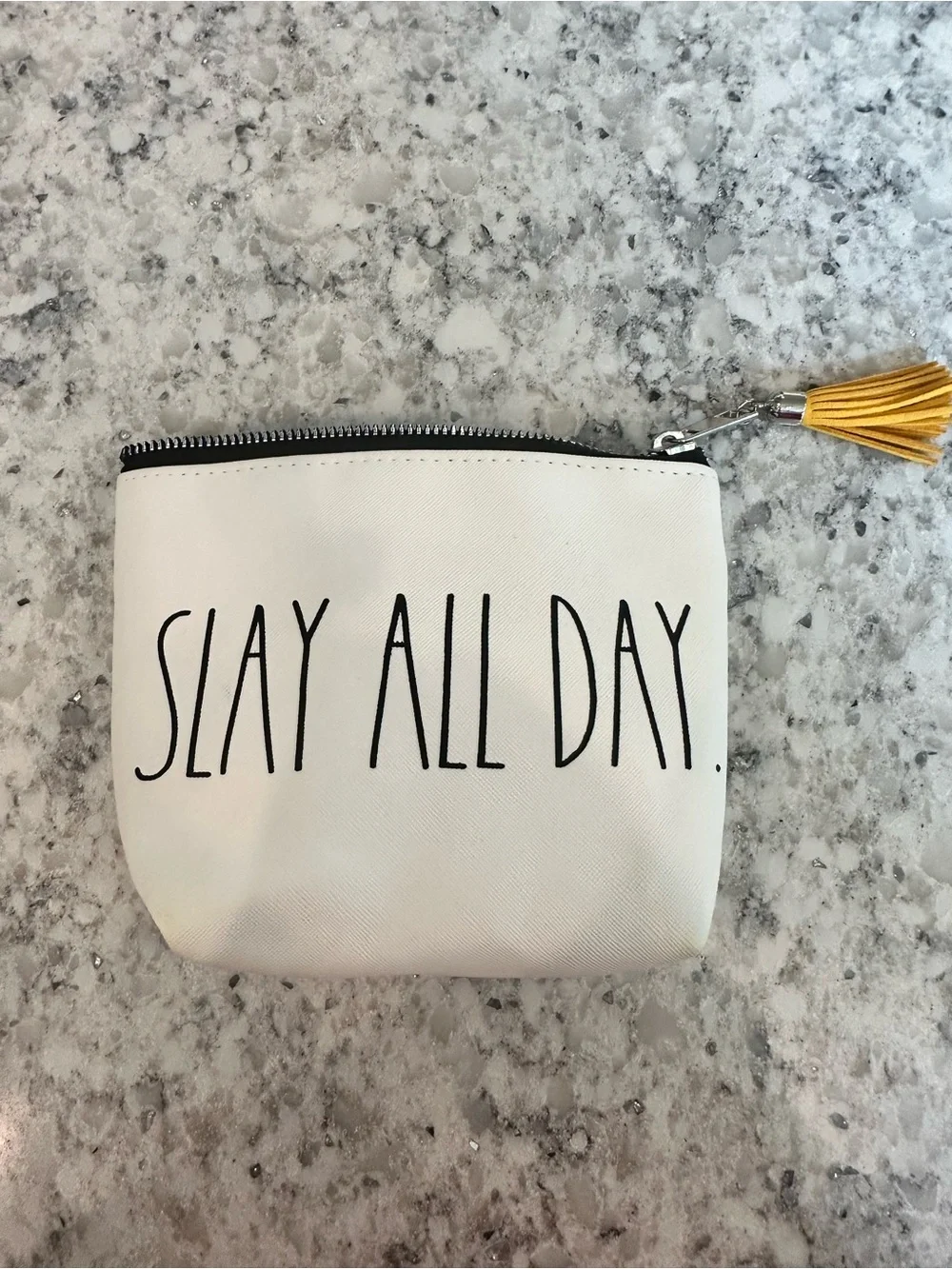 Rae Dunn Faux Leather 'Slay All Day' Zip Pouch with Yellow Tassel NWOT